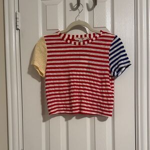 Alice + Olivia Red, Blue, and Yellow Striped top.